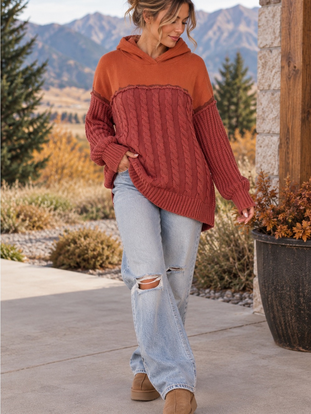 Gilded Intent Two-Tone Rust & Brick Cable Knit Hoodie Sweater